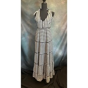 Boohoo Black White Gingham‎ Check Tiered Maxi Dress Tie Shoulder V Neck Size 8